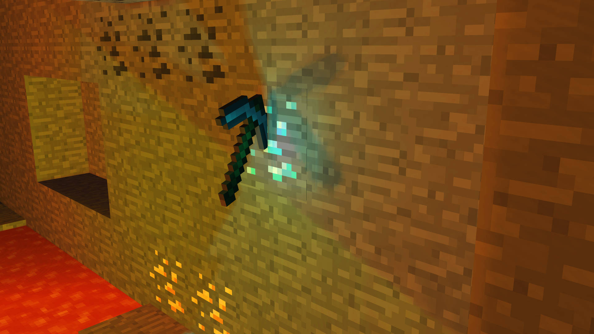 diamond pickaxe, diamond ore, Minecraft cave, Full HD Desktop Wallpaper