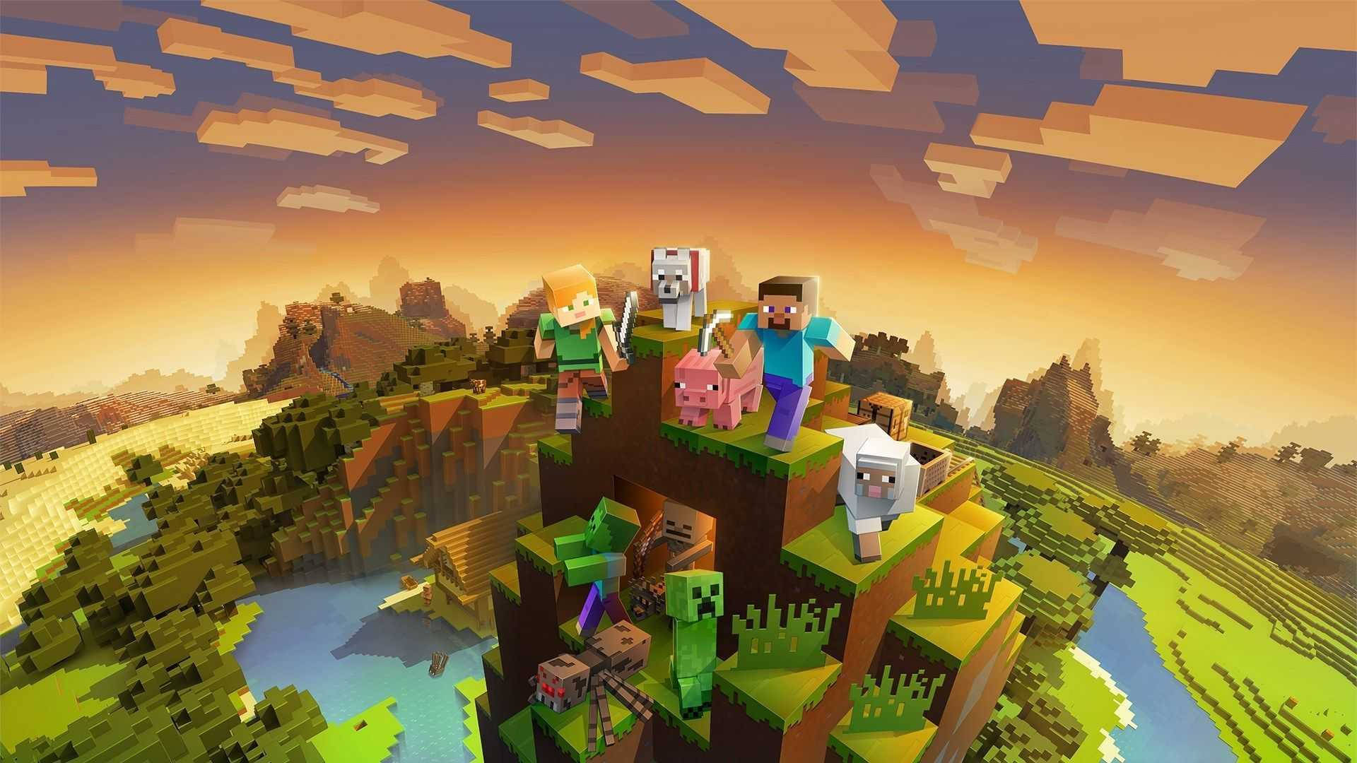 Minecraft, characters, mountain, Full HD Desktop Wallpaper