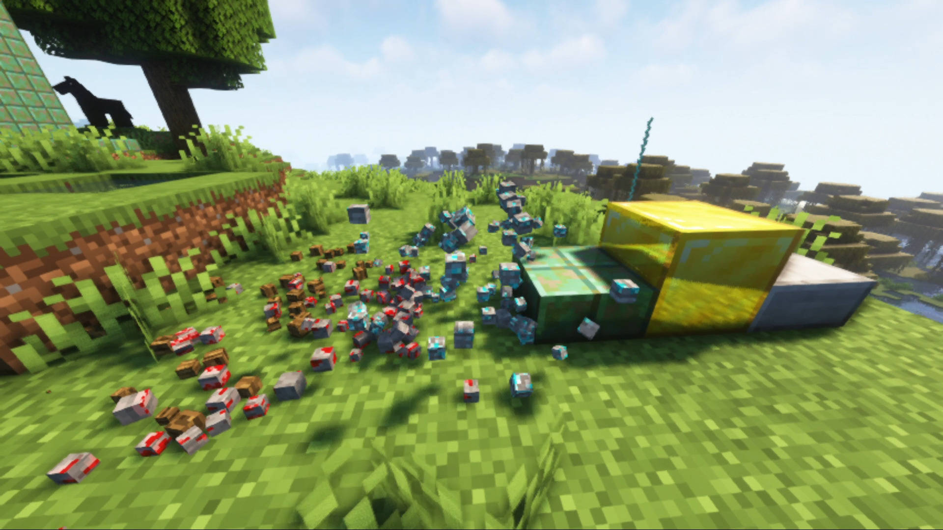 Minecraft HD, yellow and green vehicle, pixelated crates, Full HD Desktop Wallpaper