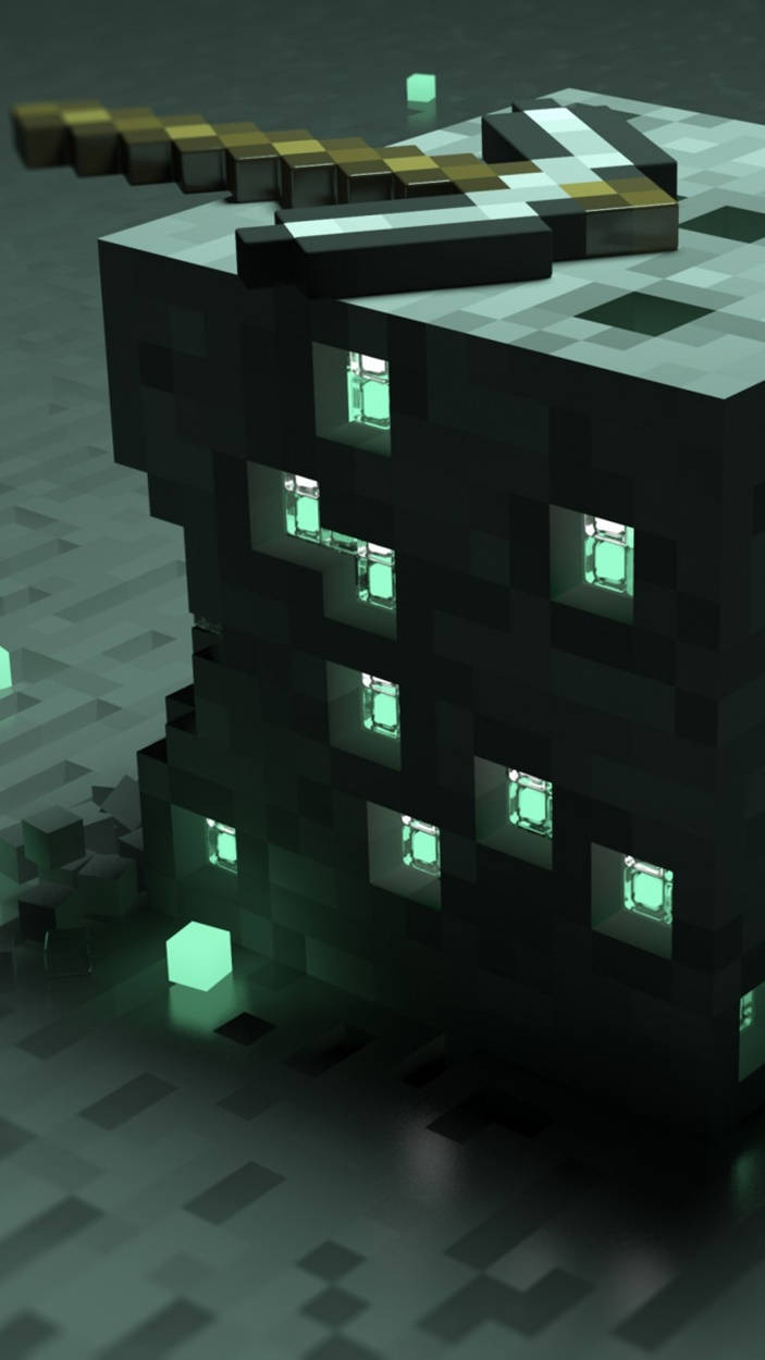 Minecraft, glowing green windows, golden sword, SD Phone Wallpaper