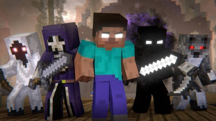 Minecraft Herobrine, hostile mobs, blocky forest clearing, SD Desktop Wallpaper