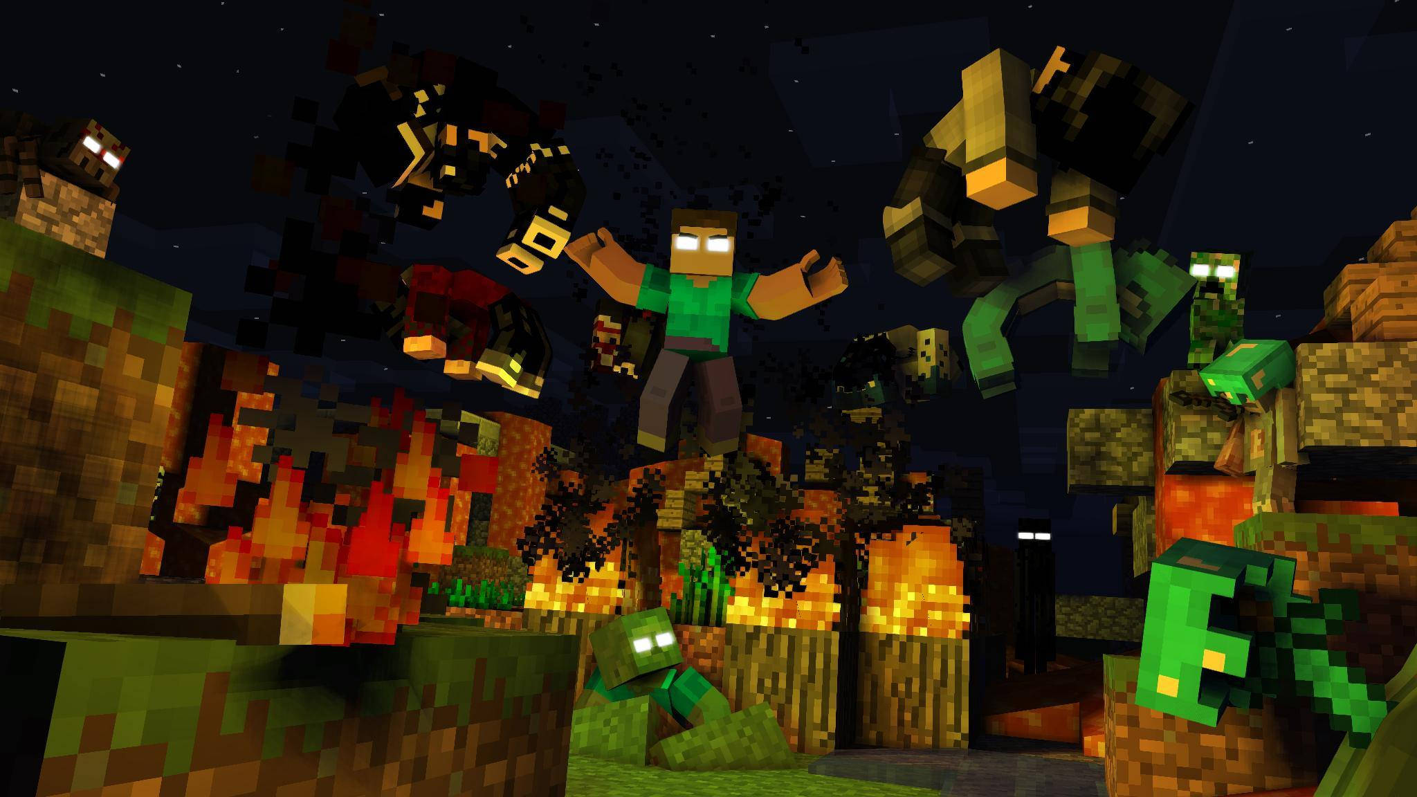 Minecraft Herobrine, zombie villagers, starry night sky, Full HD Desktop Wallpaper