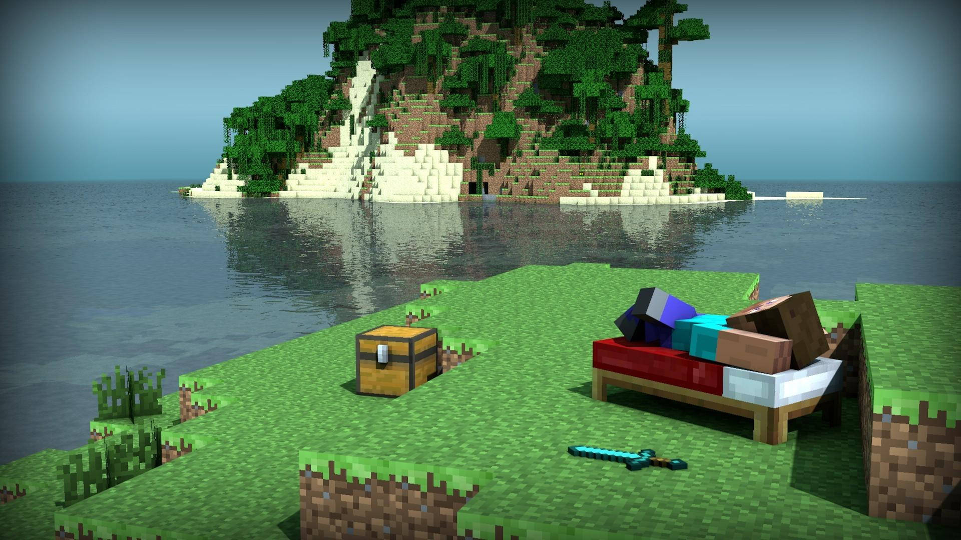 Minecraft Herobrine, island, bed chest, Full HD Desktop Wallpaper