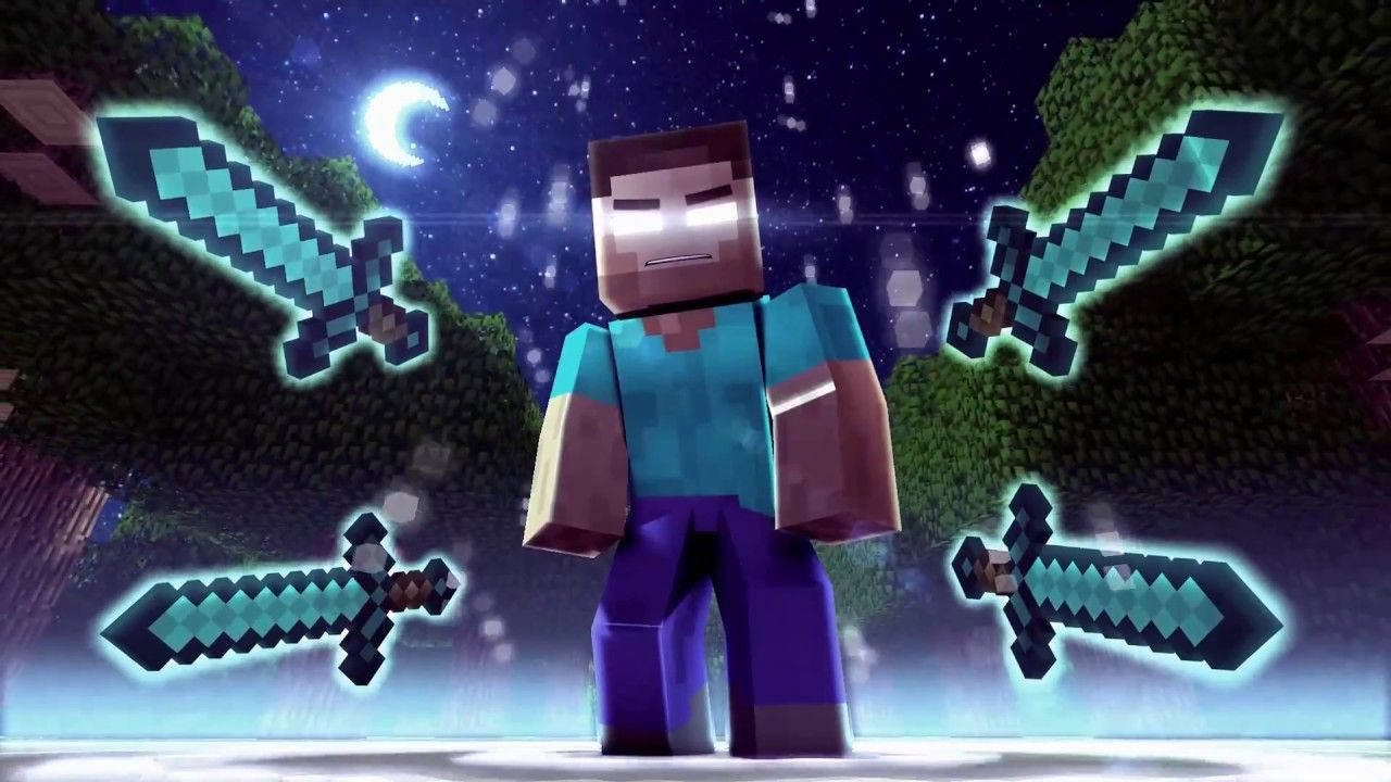 Minecraft Herobrine, four glowing diamond swords, starry night sky, HD Desktop Wallpaper