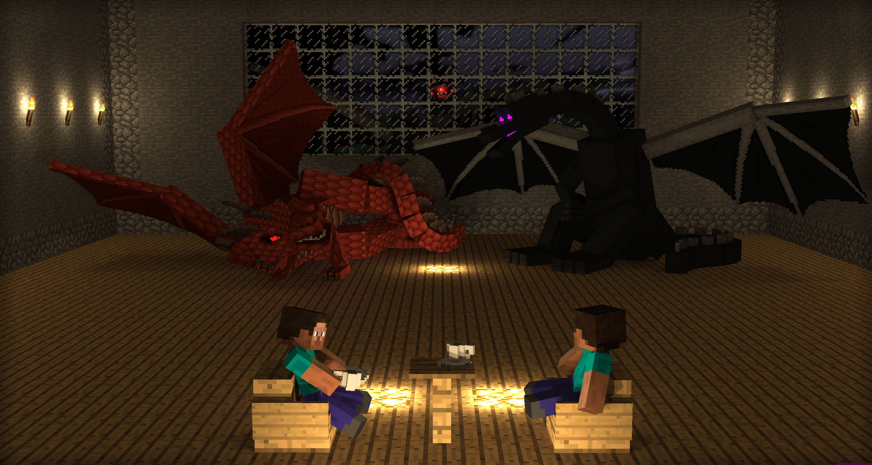 Minecraft Herobrine, tea time, dragons, 2K Desktop Wallpaper