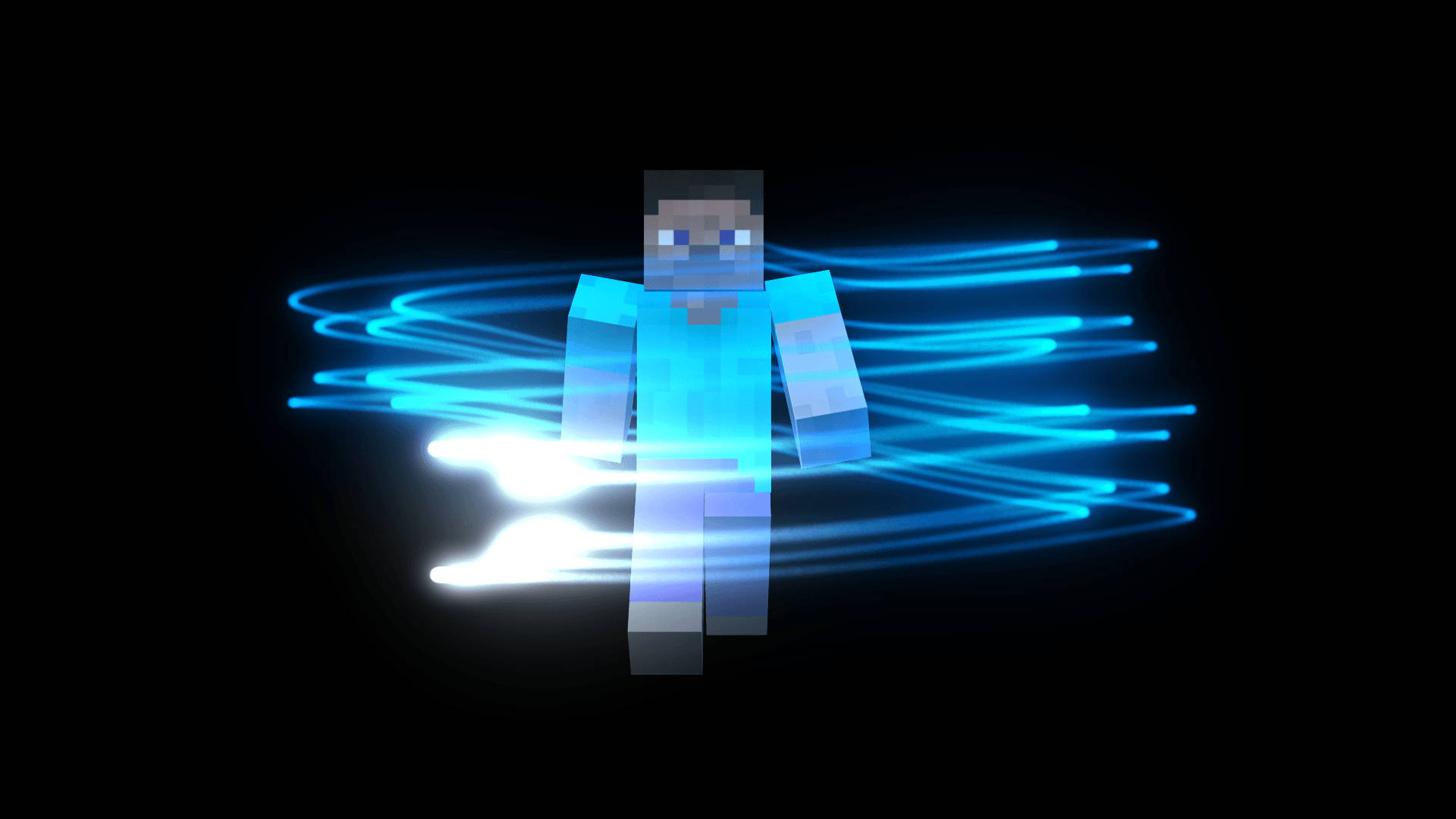 Minecraft Herobrine, glowing blue pixelated character, swirling light trails, Full HD Desktop Wallpaper