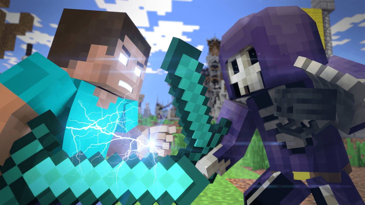 Herobrine, purple skeleton, diamond swords, HD Desktop Wallpaper