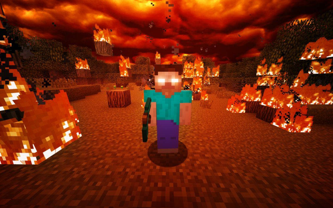 Herobrine, Minecraft, fiery forest, SD Desktop Wallpaper