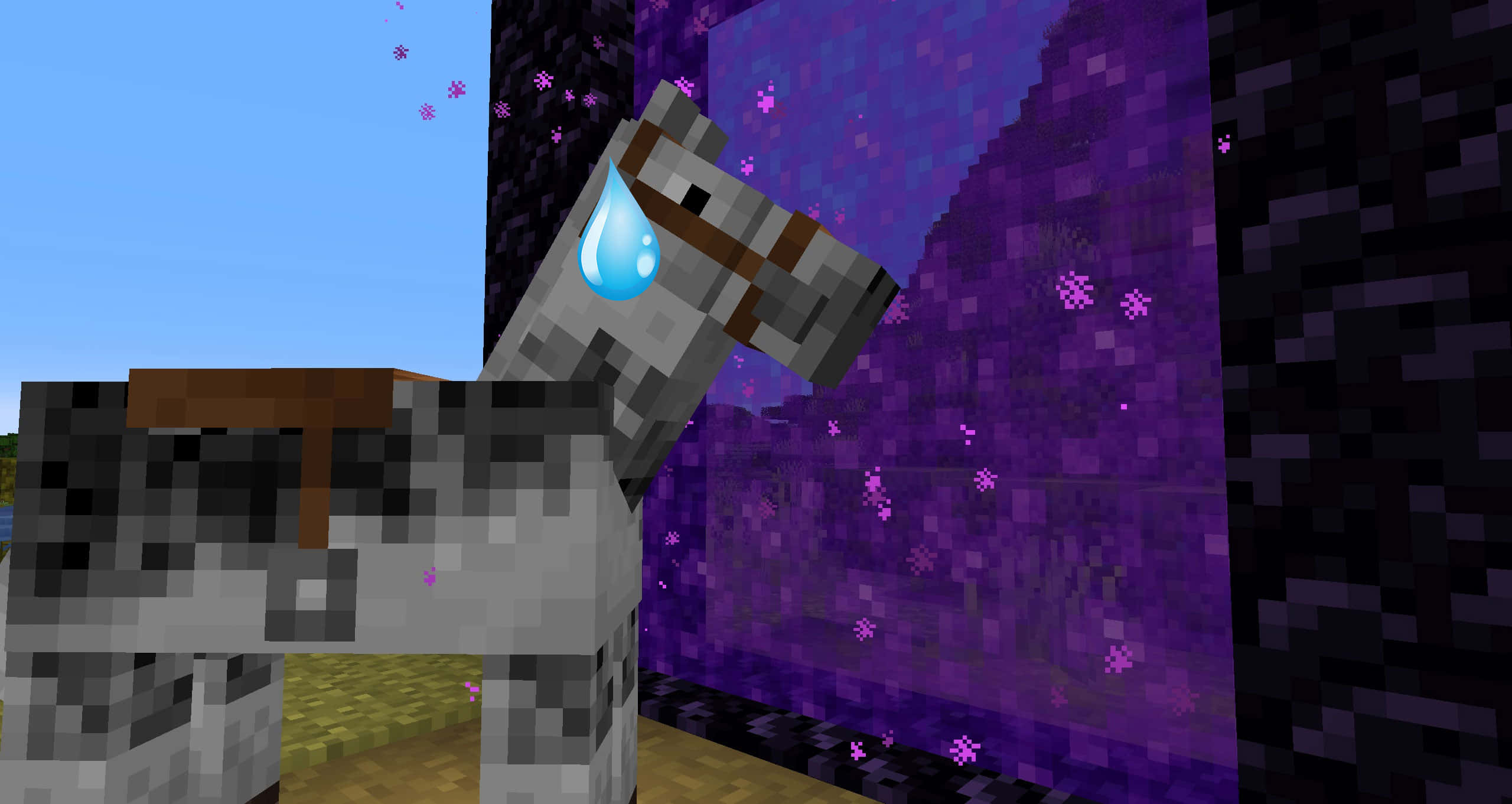 Minecraft Horses, glowing blue tear, purple nether portal, 2K Desktop Wallpaper