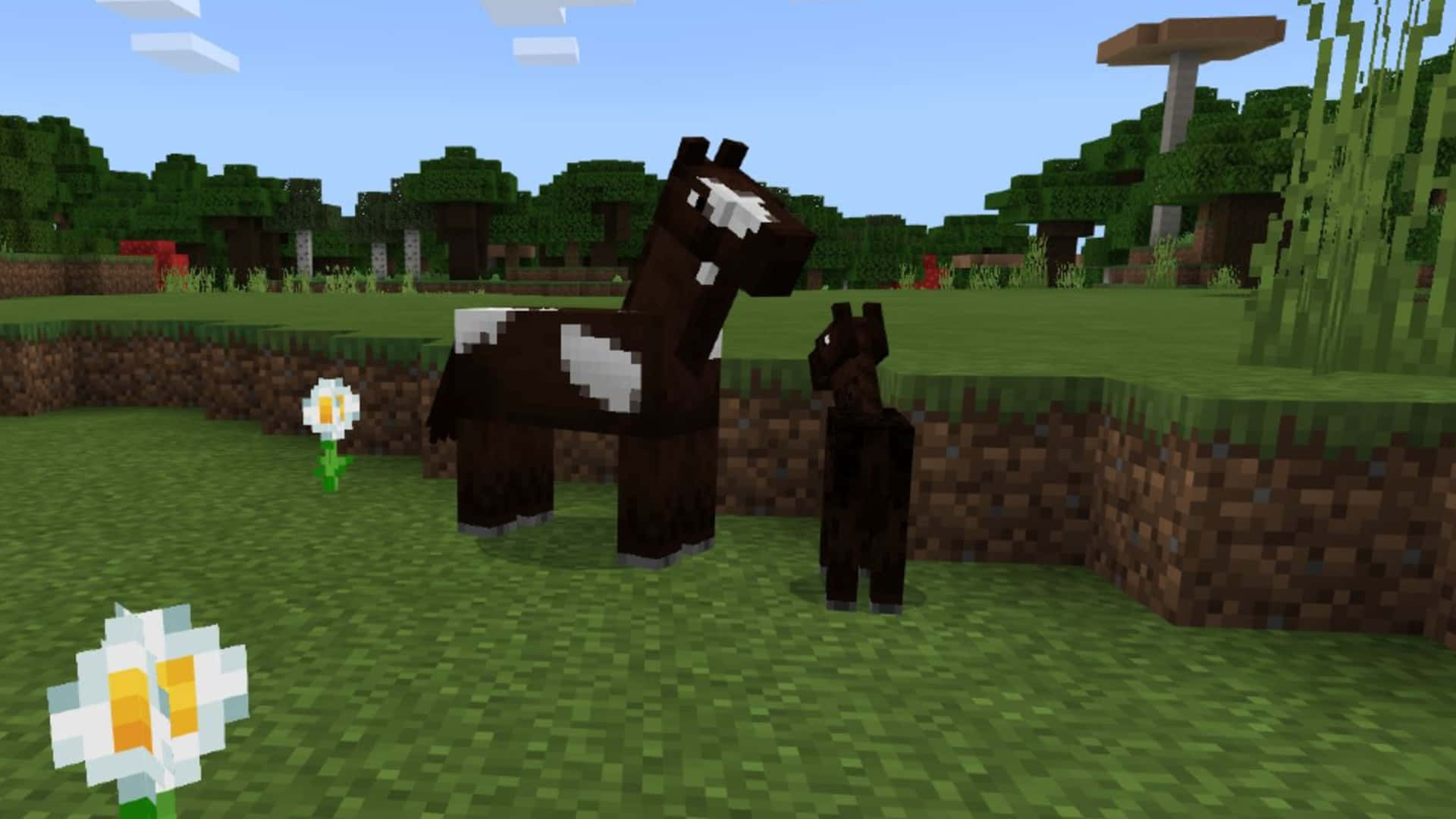 Minecraft Horses, pixelated brown horse, white markings, Full HD Desktop Wallpaper