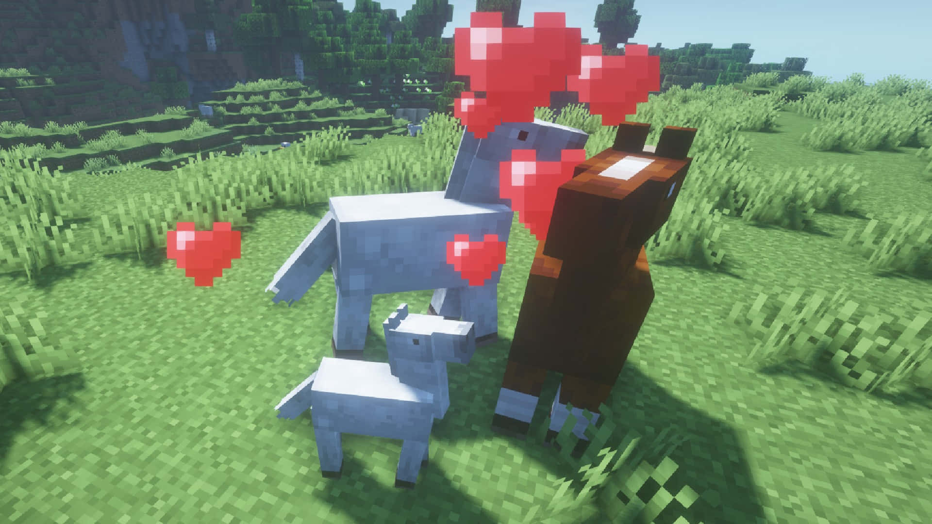 Minecraft Horses, pixelated horses, blocky grassy field, Full HD Desktop Wallpaper