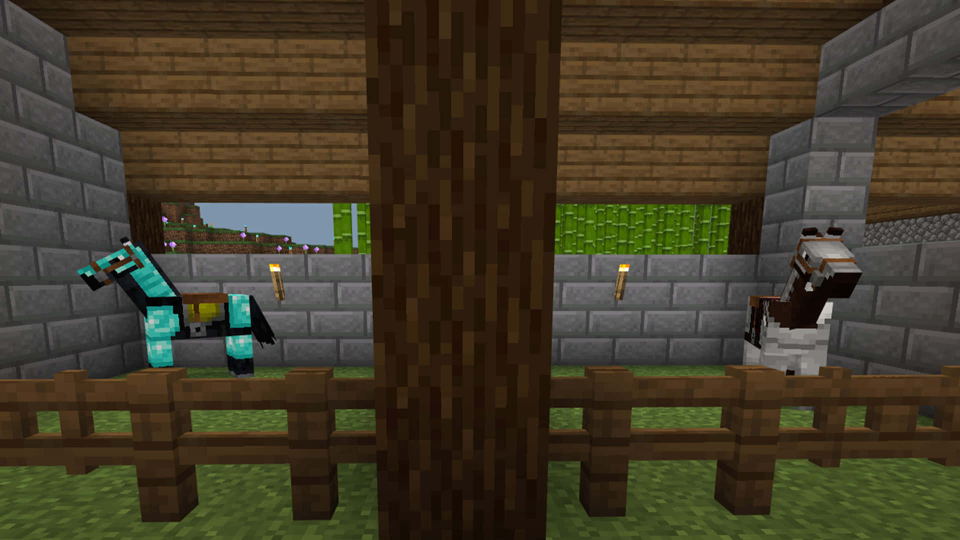 Minecraft, pixelated horses, wooden fenced stable, Full HD Desktop Wallpaper