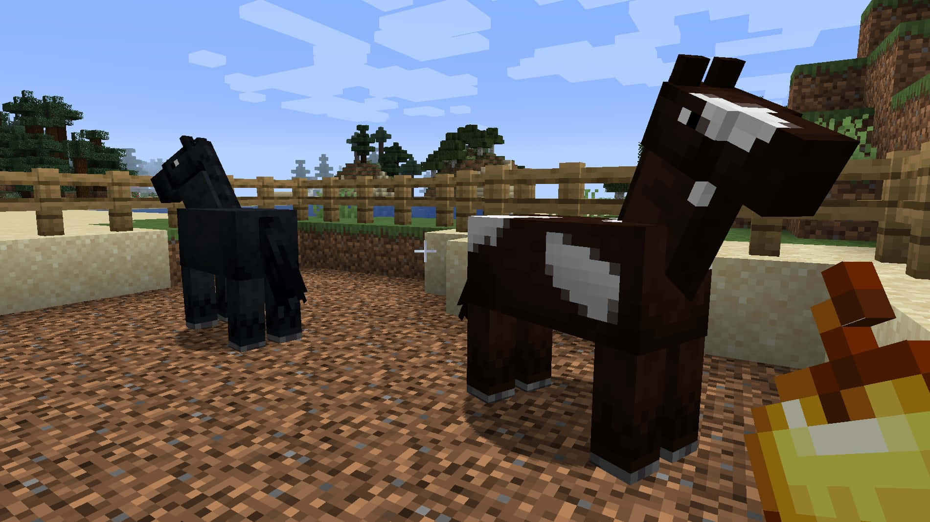 Minecraft Horses, pixelated horses, fenced Minecraft pasture, HD Desktop Wallpaper