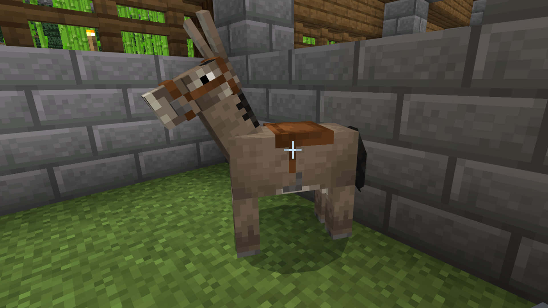Minecraft Horses, pixelated donkey, stone-walled enclosure, Full HD Desktop Wallpaper