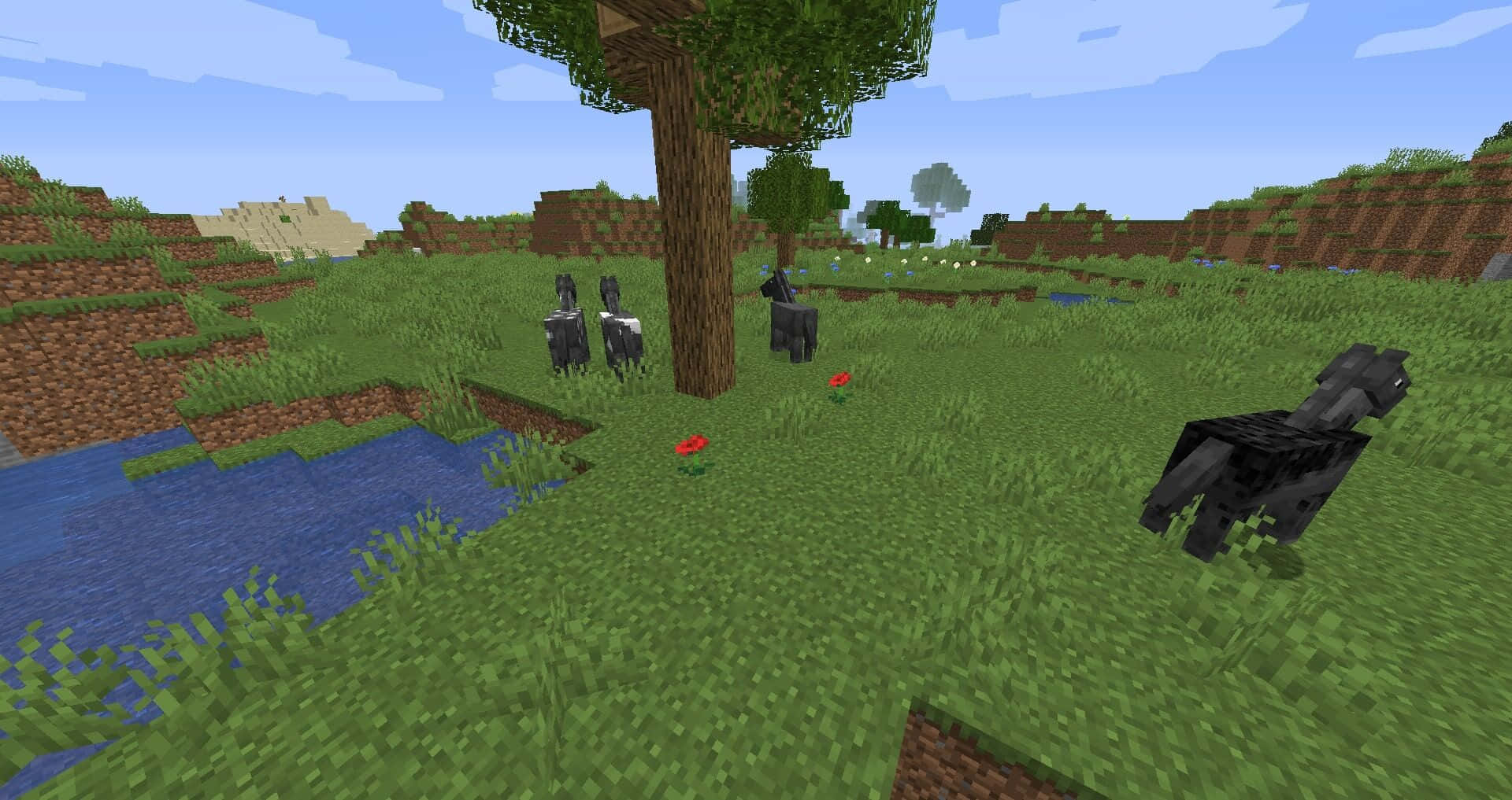 Minecraft Horses, blocky Minecraft landscape, horses grazing, Full HD Desktop Wallpaper