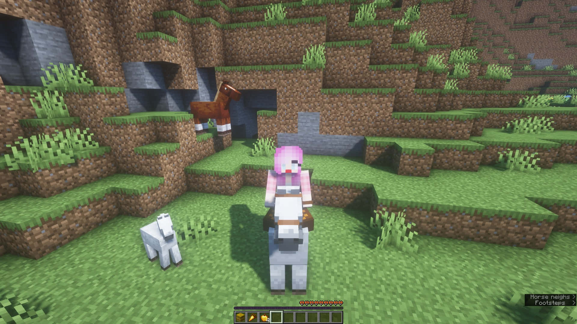 Minecraft Horses, pink-haired Minecraft player, white horse, Full HD Desktop Wallpaper
