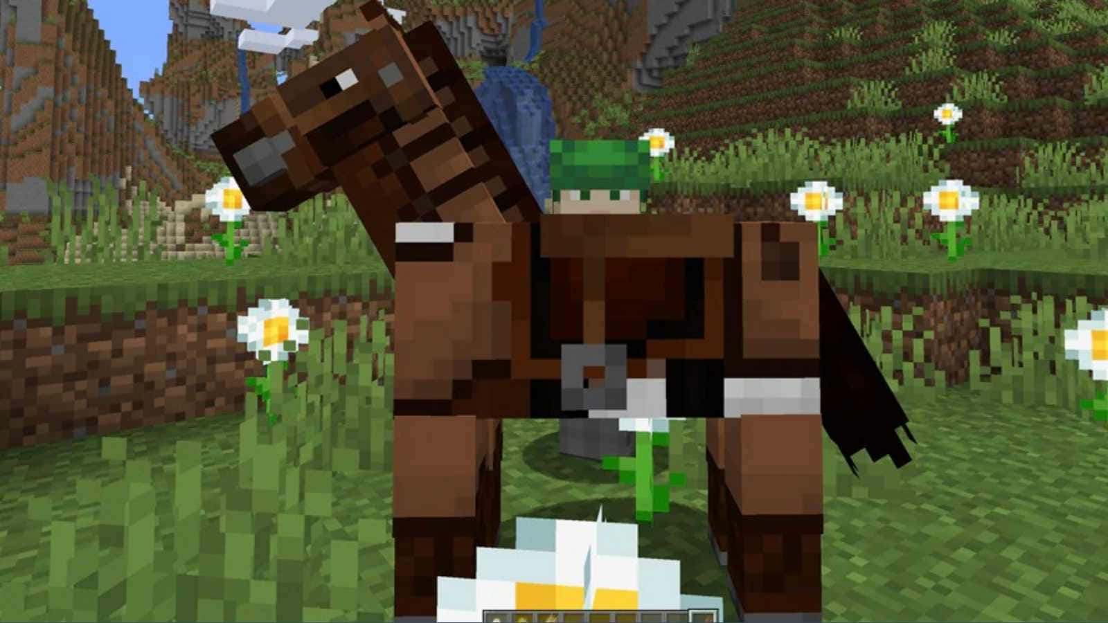 Minecraft Horses, pixelated brown horse, rider, HD Desktop Wallpaper