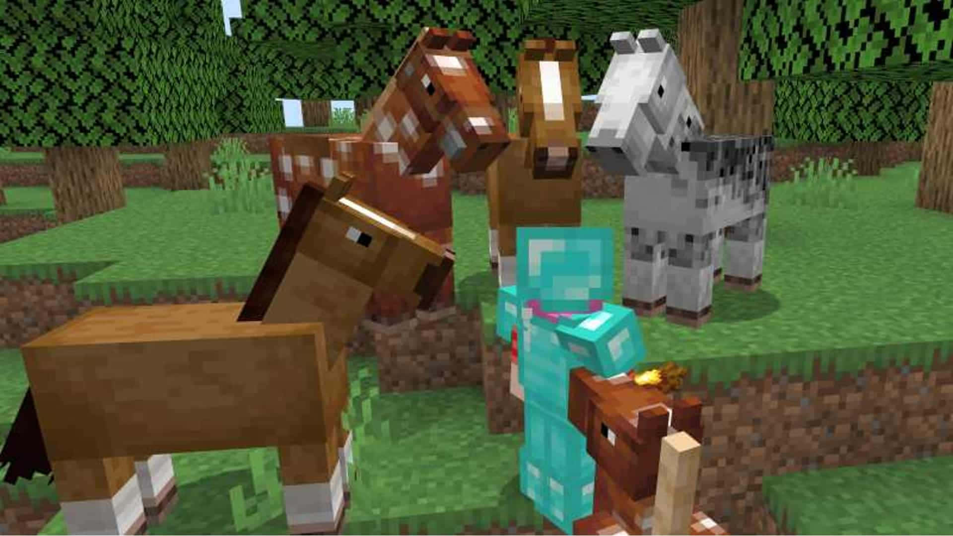 Minecraft, cyan armor, four horses, Full HD Desktop Wallpaper