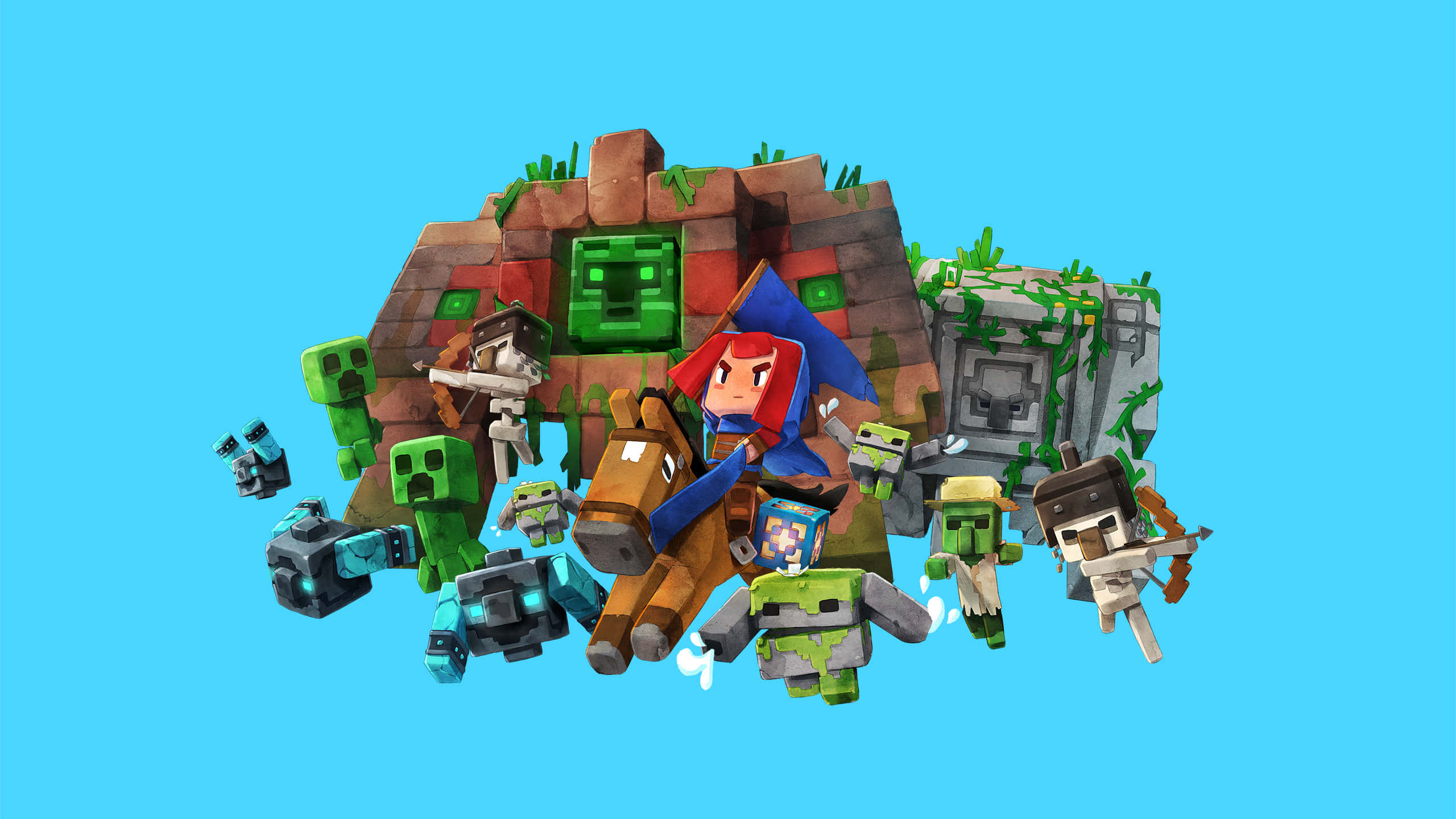 Minecraft, red-haired hero, horse, 2K Desktop Wallpaper