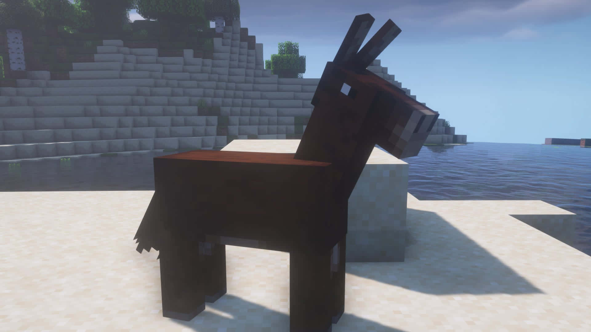 Minecraft Horses, pixelated brown horse, sandy shore, Full HD Desktop Wallpaper