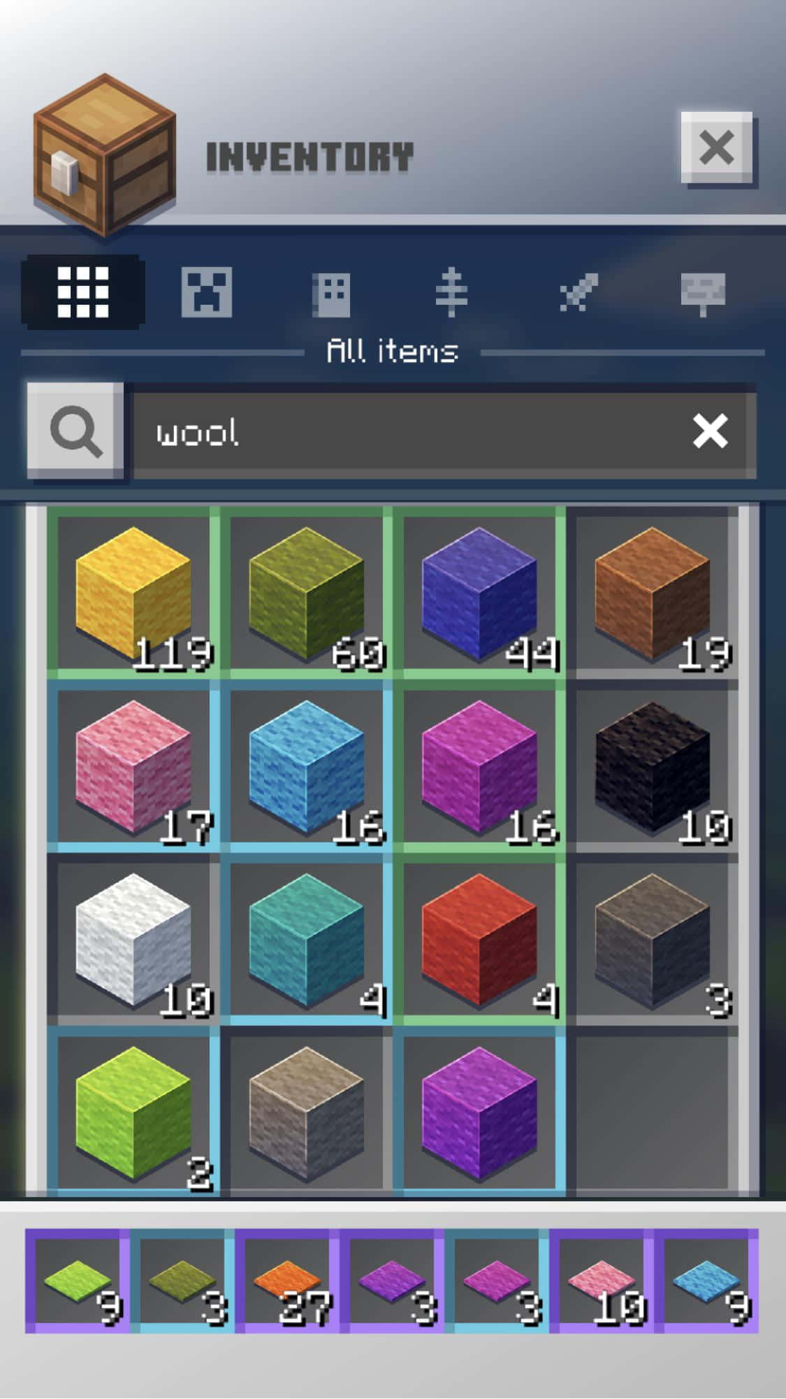 Minecraft, inventory screen, colorful wool blocks, Full HD Phone Wallpaper