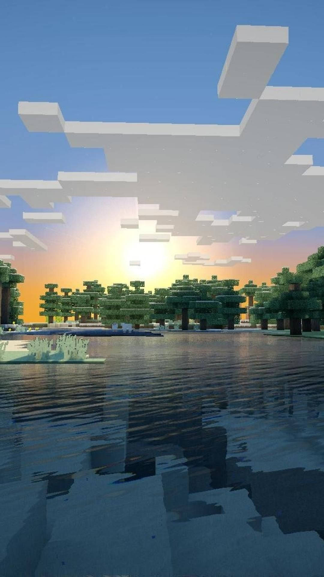 Minecraft, sunset, calm lake, Full HD Phone Wallpaper