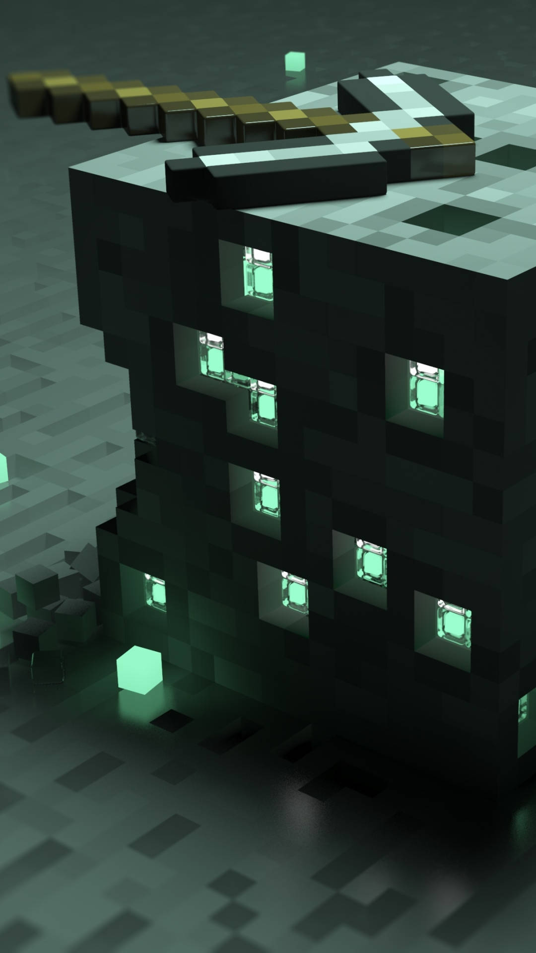Minecraft, black building, glowing green windows, Full HD Phone Wallpaper