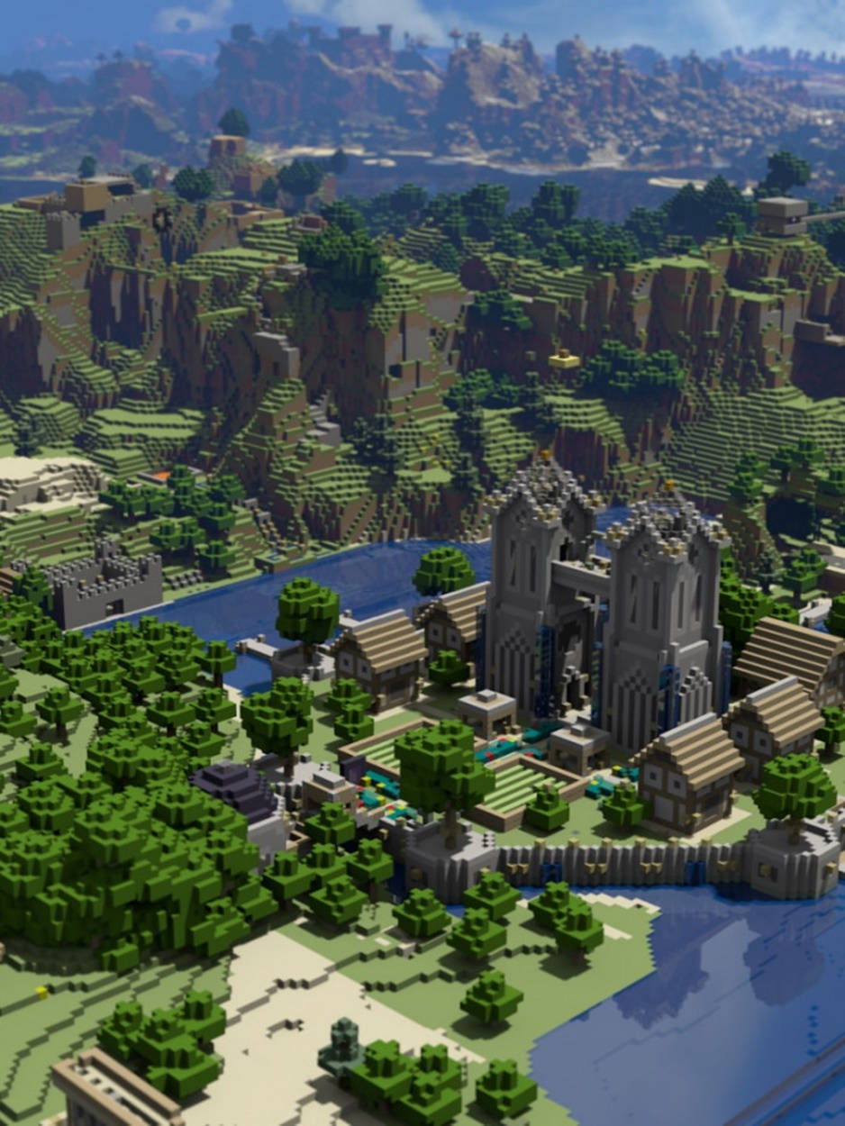 Minecraft, village, river, SD Phone Wallpaper
