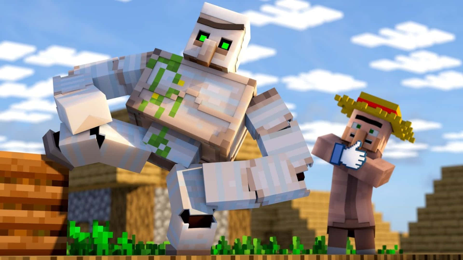 Minecraft Iron Golem, green eyes, small villager, Full HD Desktop Wallpaper