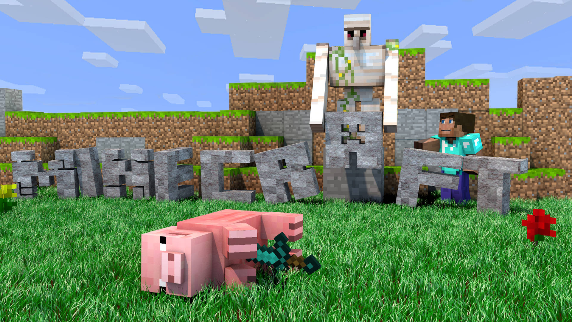 Minecraft Iron Golem, player character, sword, Full HD Desktop Wallpaper