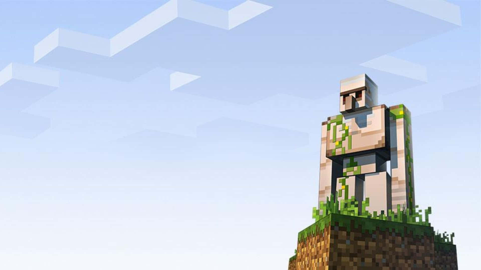 Minecraft Iron Golem, sunset backdrop, grassy block, Full HD Desktop Wallpaper
