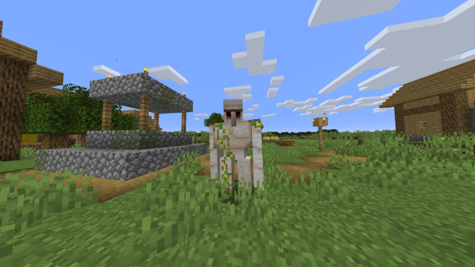Minecraft Iron Golem, grassy field, wooden and stone structures, Full HD Desktop Wallpaper