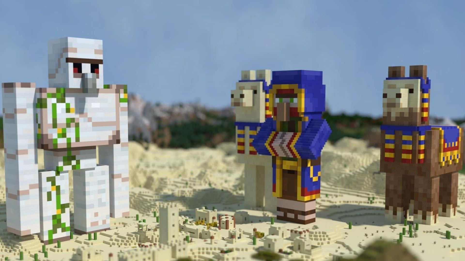 Minecraft Iron Golem, village, desert landscape, Full HD Desktop Wallpaper