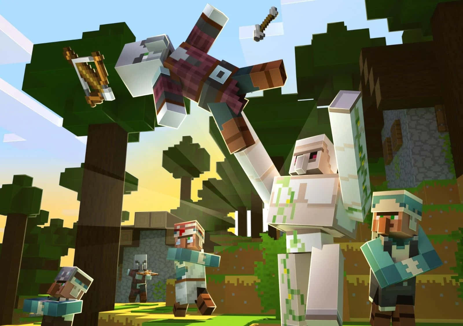 Minecraft Iron Golem, village, blocky forest, HD Desktop Wallpaper