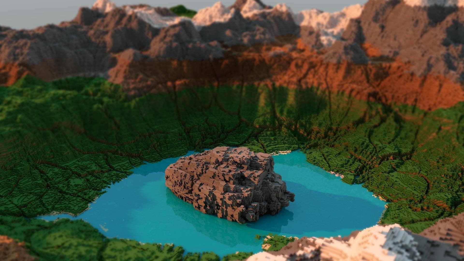 Minecraft Landscape, rocky island, mountain lake, Full HD Desktop Wallpaper