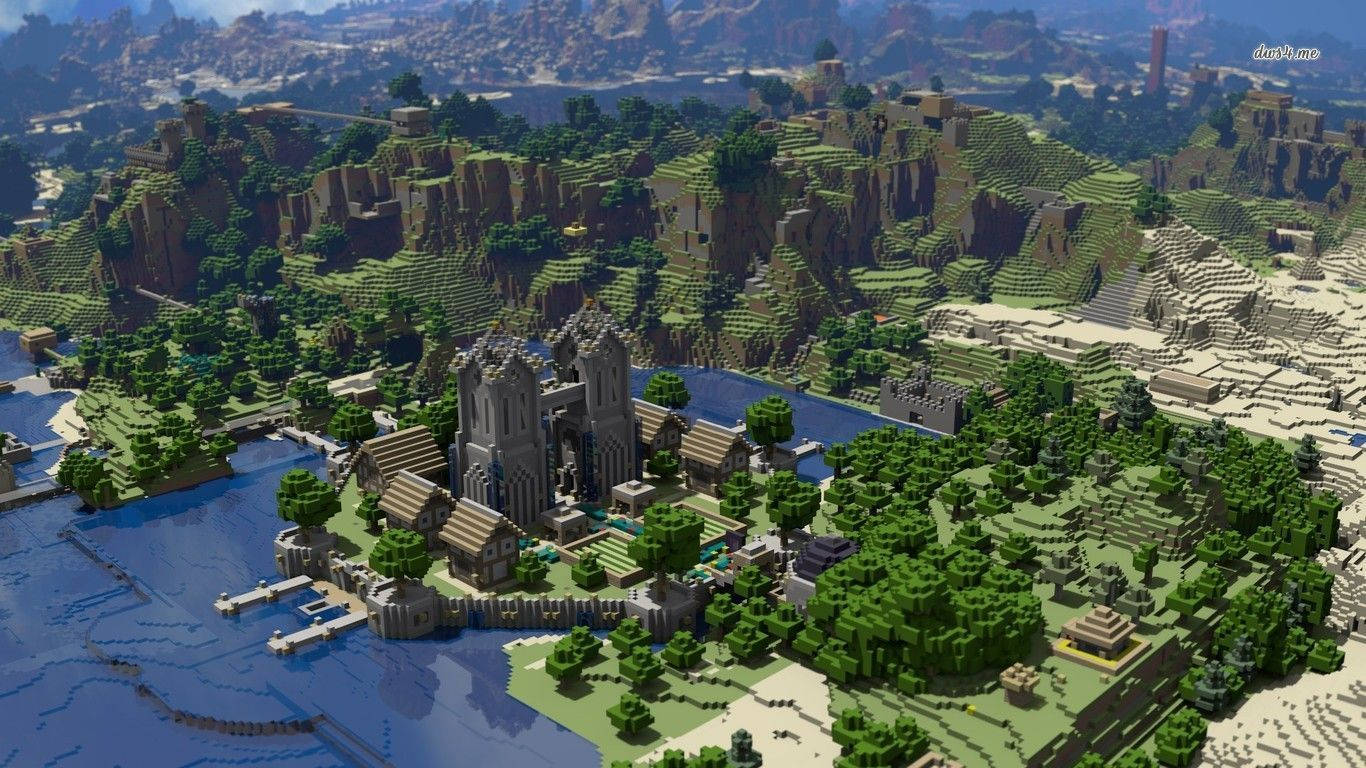 Minecraft, village, stone castle, HD Desktop Wallpaper