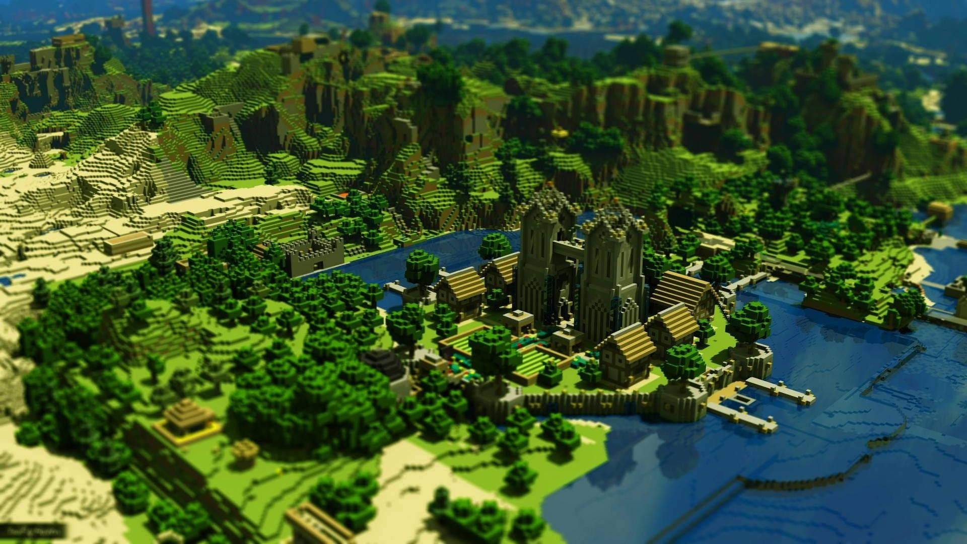 Minecraft-style castle town, blue river, lush green hills, Full HD Desktop Wallpaper