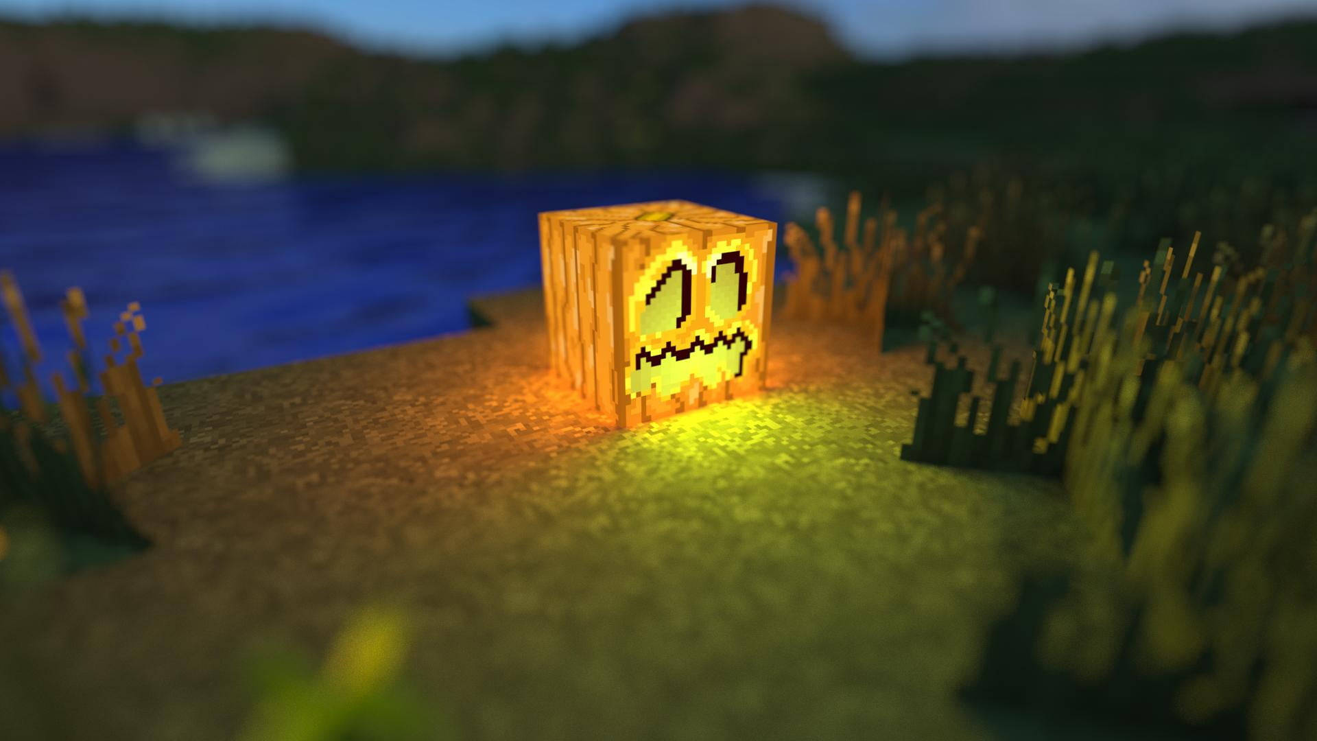 Minecraft Landscape, orange pumpkin, glowing pixelated jack-o'-lantern cube, Full HD Desktop Wallpaper