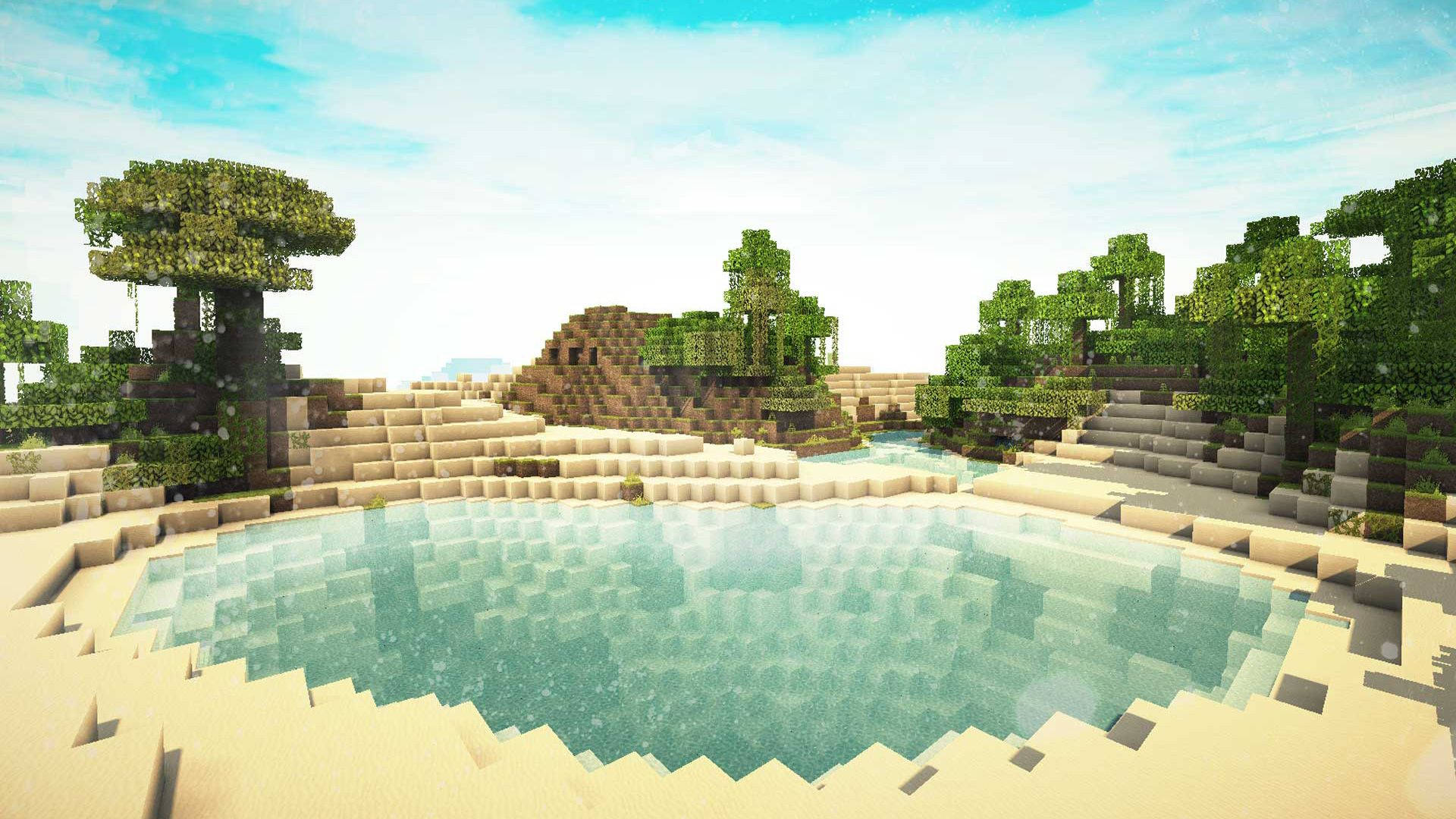 Minecraft Landscape, clear water pool, blocky trees, Full HD Desktop Wallpaper