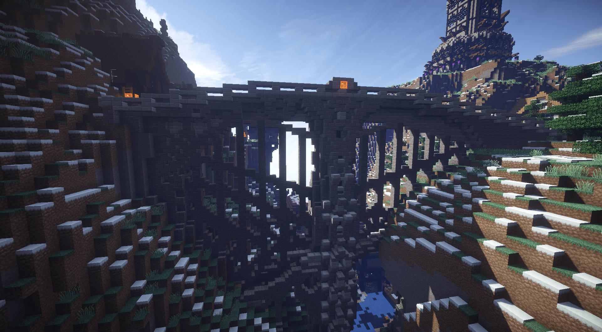 Minecraft Landscape, hanging bridge, blocky cliffs, Full HD Desktop Wallpaper