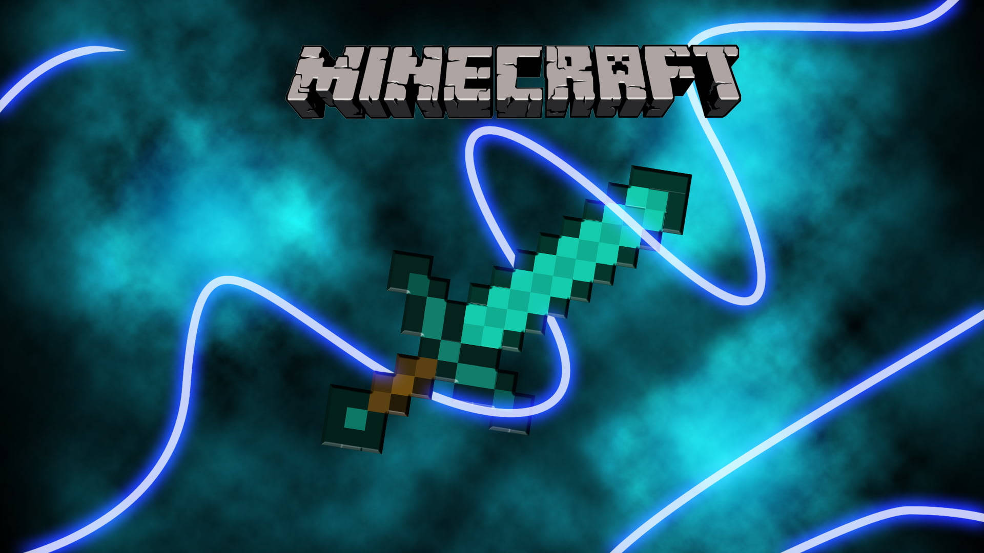 Minecraft Landscape, green sword, teal nebula, Full HD Desktop Wallpaper