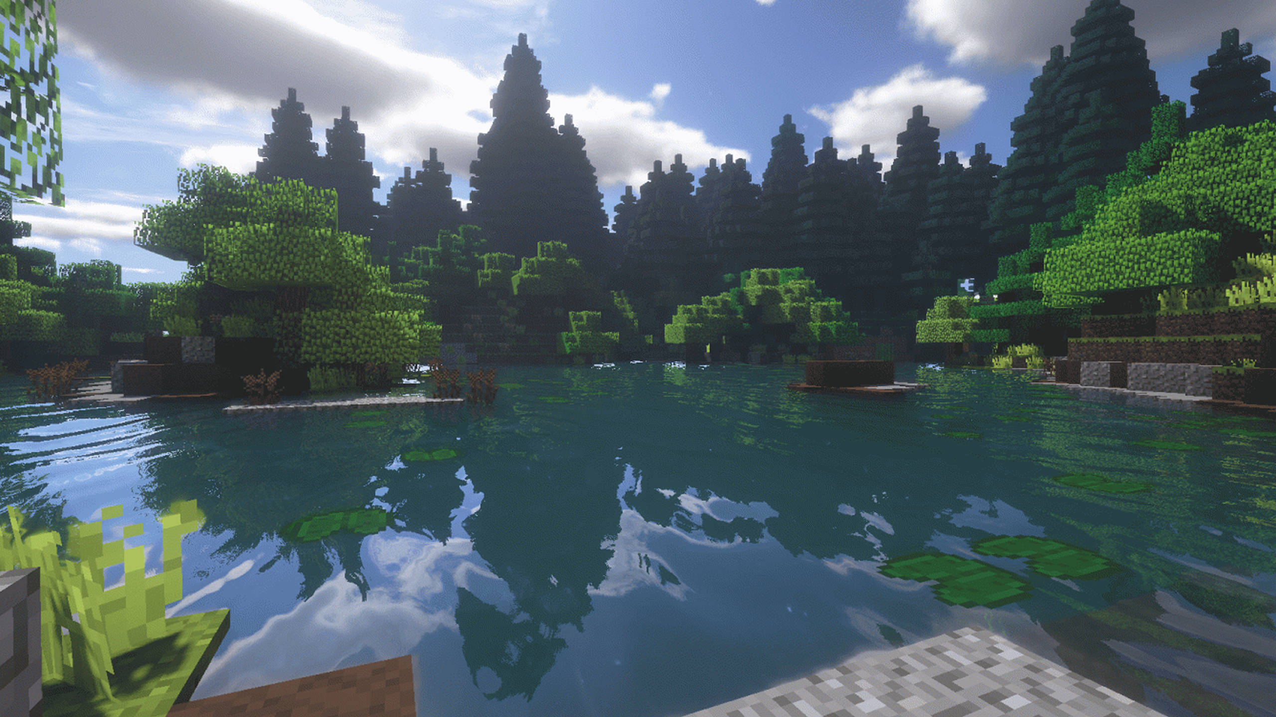 Minecraft, lake, pixelated green trees, 2K Desktop Wallpaper
