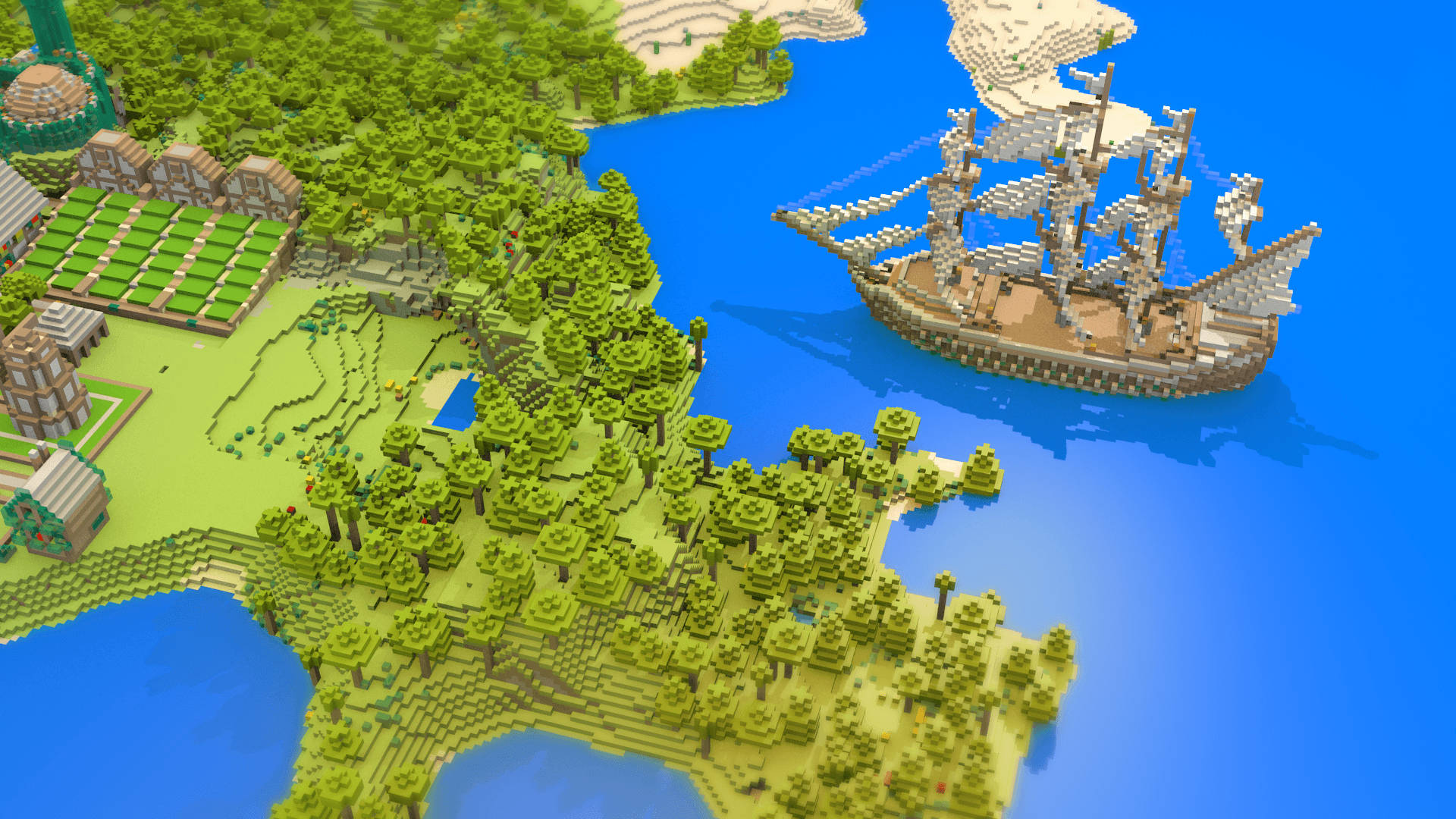 Minecraft Landscape, sailing ship, lush green forests, Full HD Desktop Wallpaper