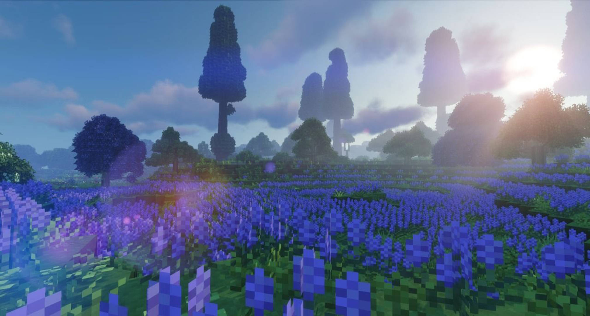 purple flower garden, Minecraft aesthetic, blue flowers, Full HD Desktop Wallpaper
