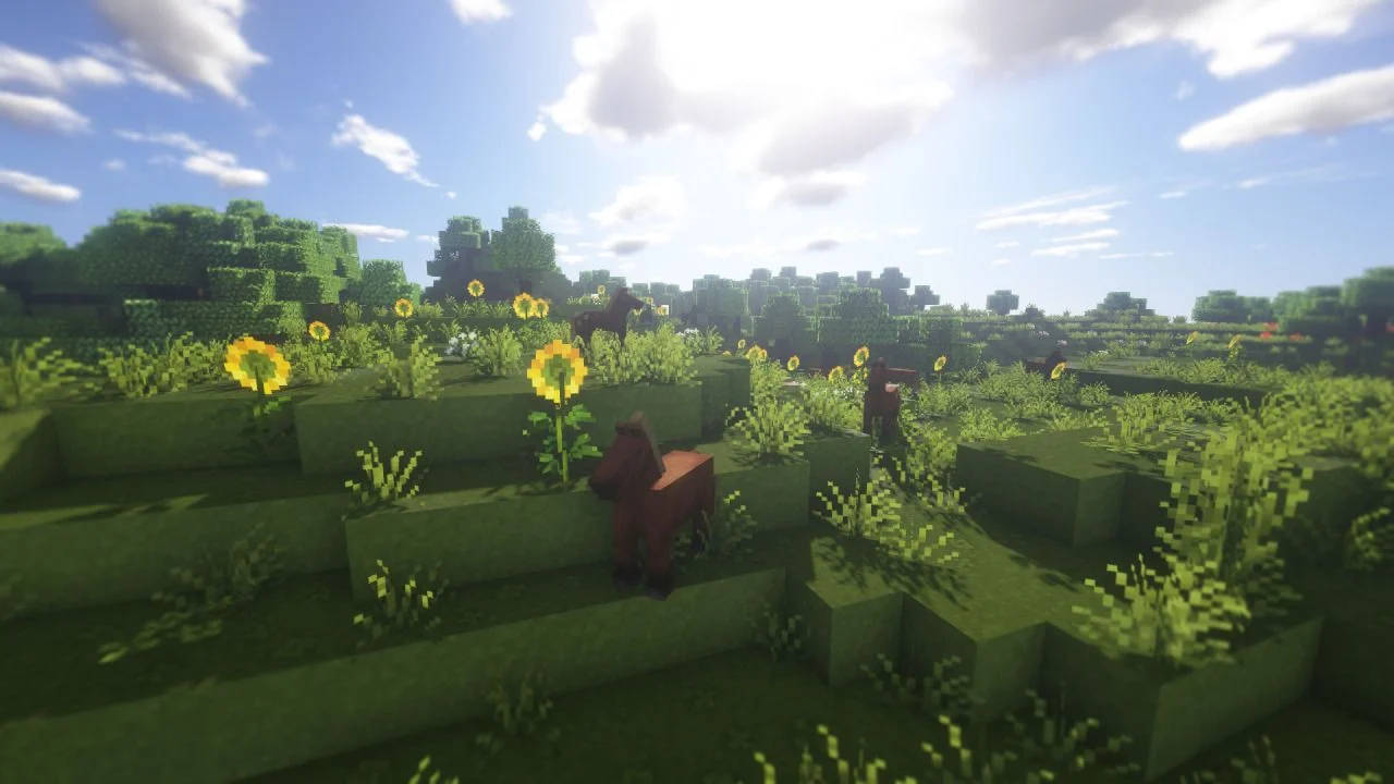 Minecraft, sunflower field, brown horses, HD Desktop Wallpaper