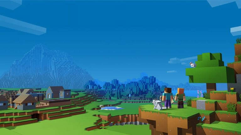Minecraft, grassy cliff, pixelated village, SD Desktop Wallpaper