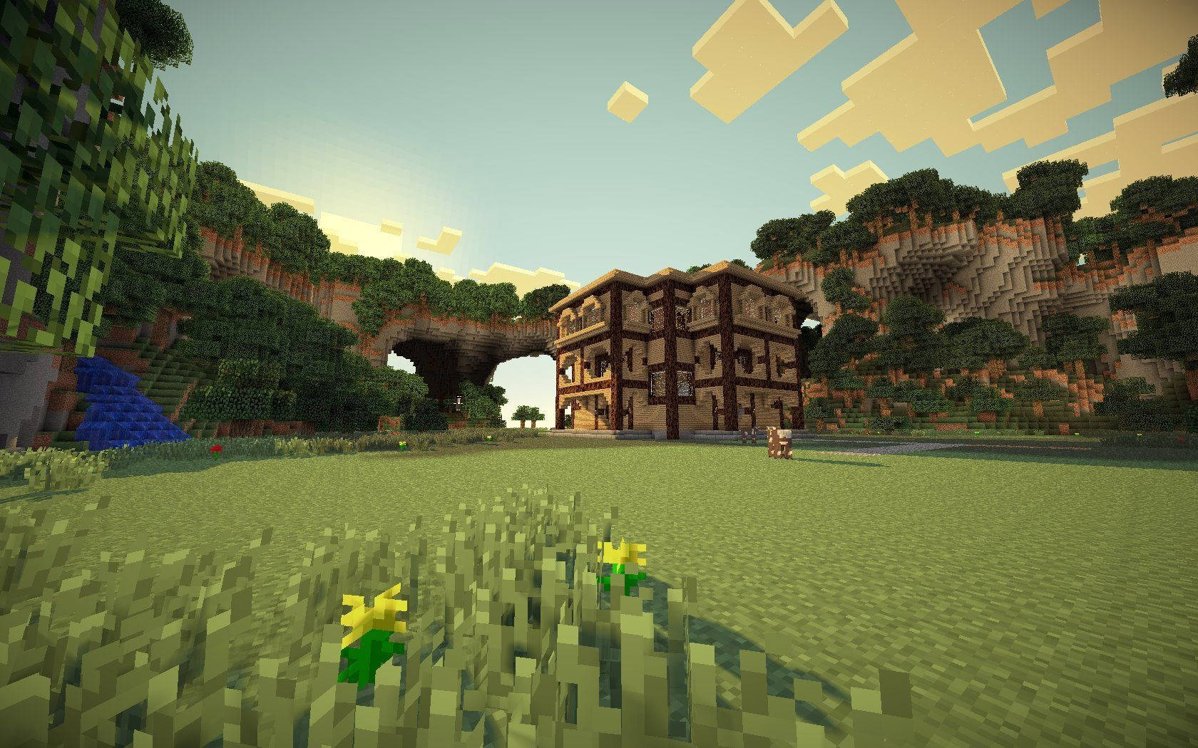 Minecraft, pixelated, wooden house, HD Desktop Wallpaper