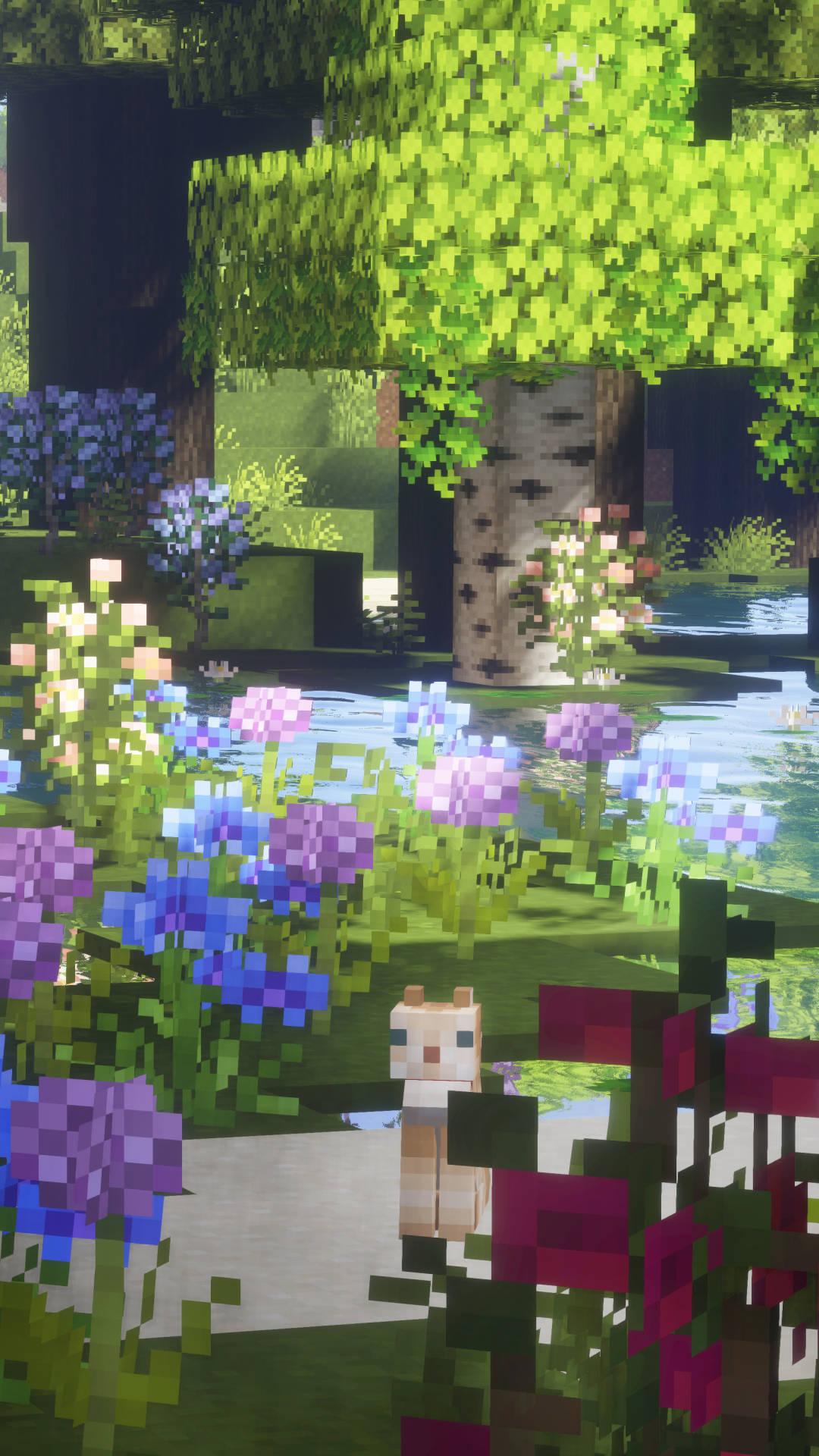 Minecraft cat, vibrant garden, blooming flowers, Full HD Phone Wallpaper