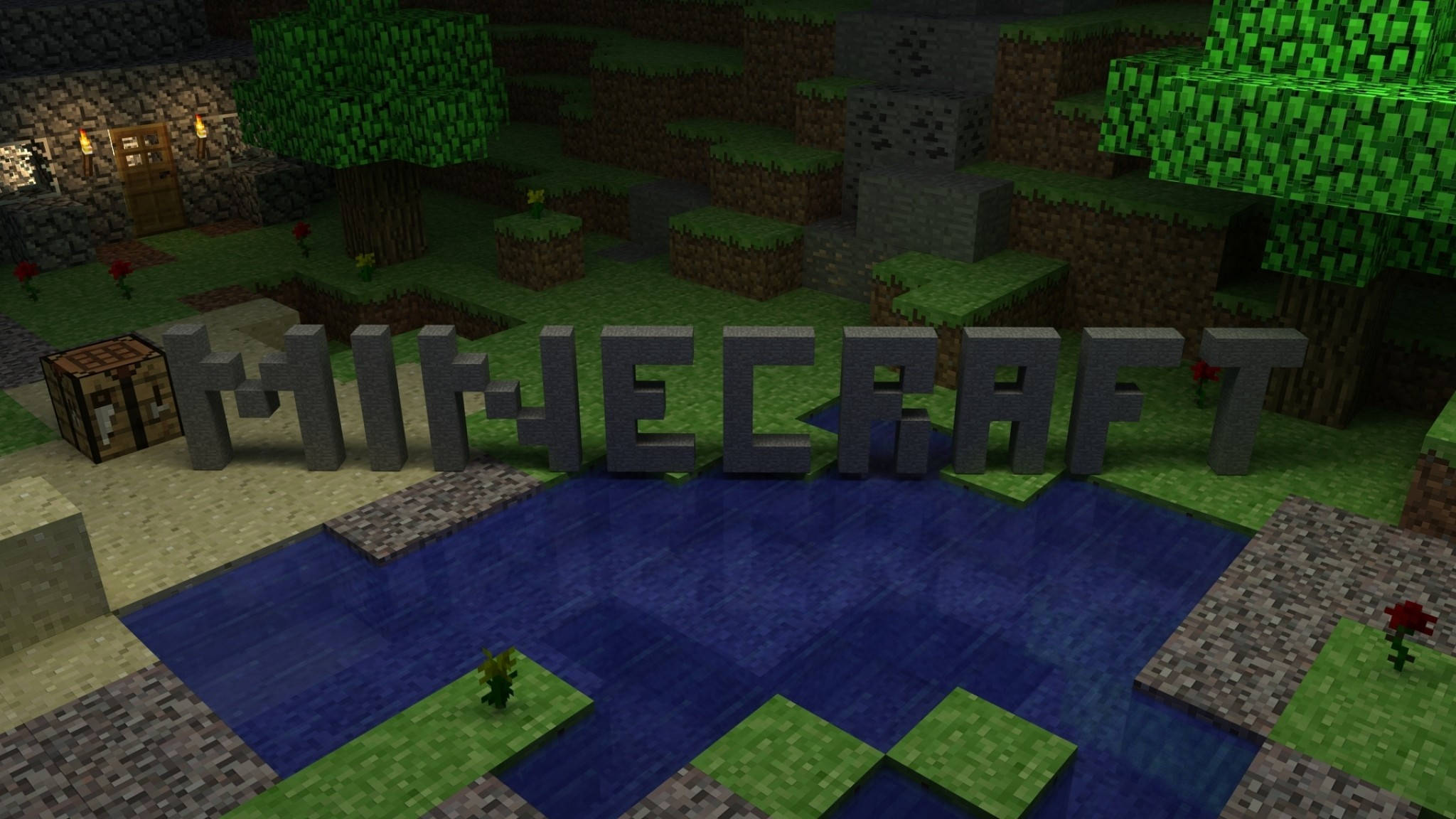 Minecraft Logo, stone blocks, pixelated pond, Full HD Desktop Wallpaper