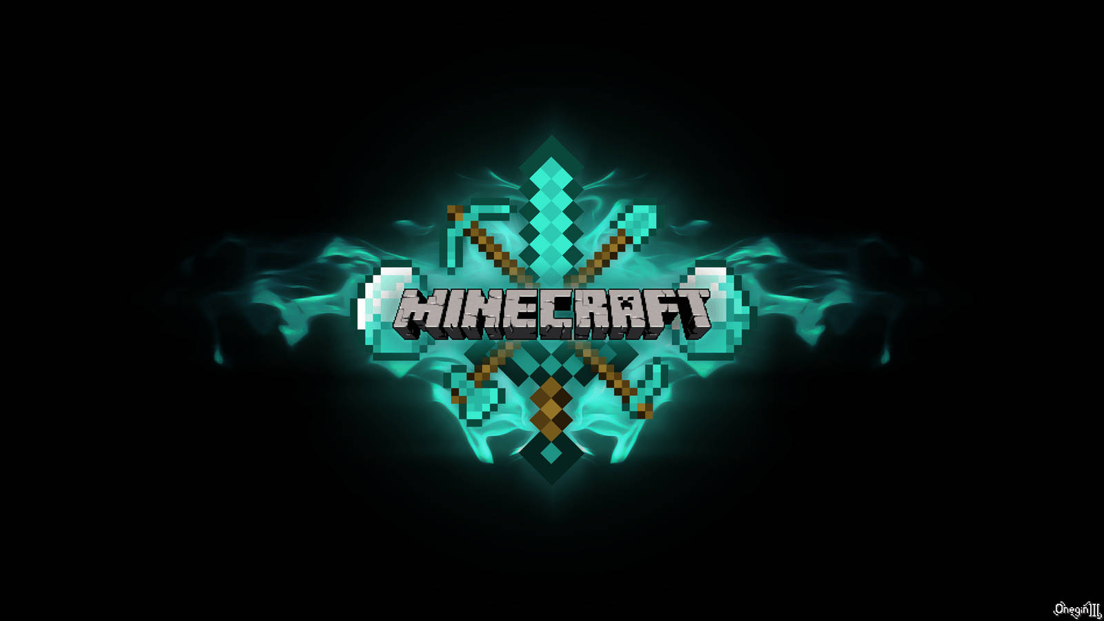 Minecraft logo, teal, pixelated tools, HD Desktop Wallpaper